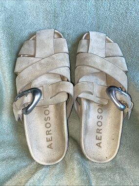 Aerosoles Light Beige Suede Woven Slide Sandals with Silver Buckle 7.5 M
